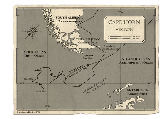 Карта маршрута экспедиции Баунти капитана Блая на Таити (пролив Дрейка)