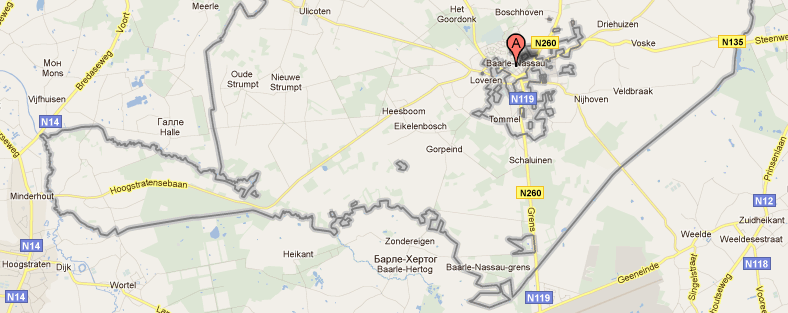 Карта: граница разделяет бельгийский город Барле-Хертог и голландский Барле-Нассау. Map of border between Belgian town Baarle-Hertog and Dutch town Baarle-Nassau