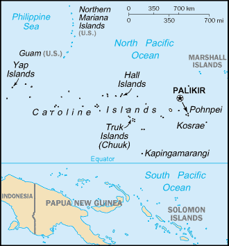Карта Микронезии: Каролинские острова, Федеративные Штаты Микронезии, остров Яп, Гуам, Трук, Чуук, столица Паликир, Понапе, Понпей, Кусаие, Кошрай, Маршалловы острова