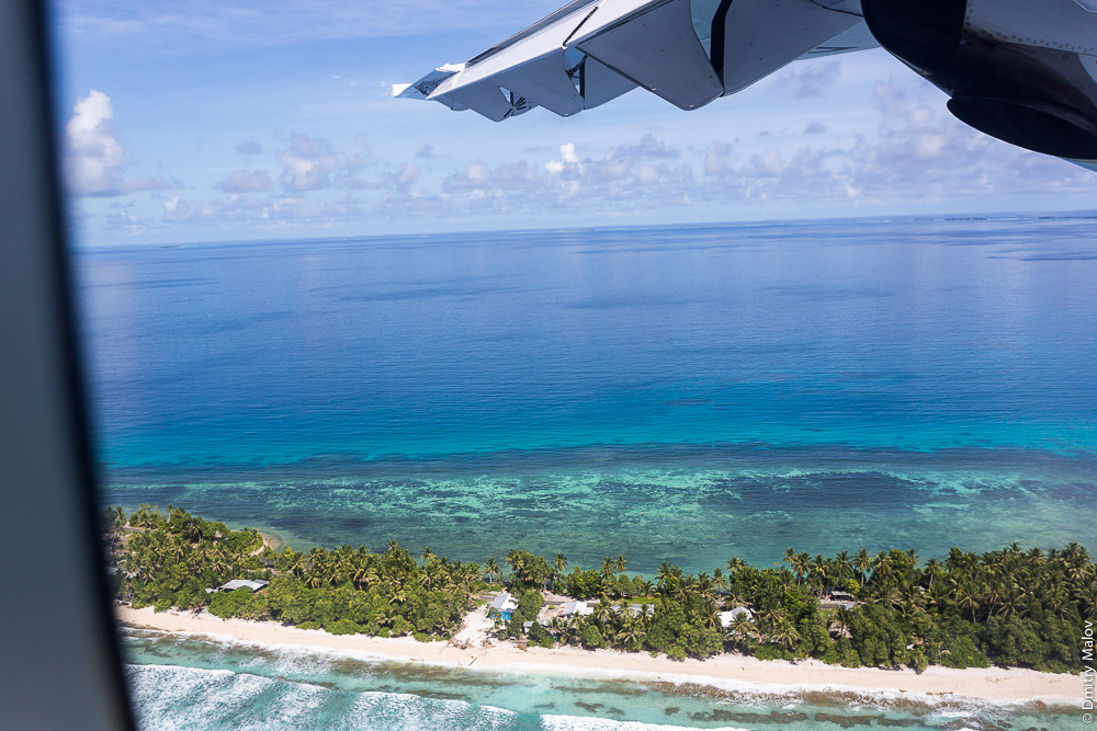 Вид с самолёта на атолл и пальмы, атолл Фунафути, Тувалу. Aerial view of Tuvalu. Funafuti atoll and palm trees.