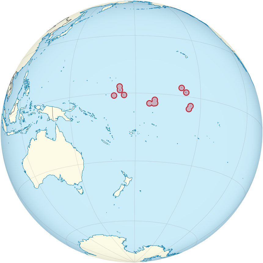Страна Кирибати на карте мира. Микронезия, Тихий океан. Kiribati on the World map. Micronesia, South Pacific Ocean.