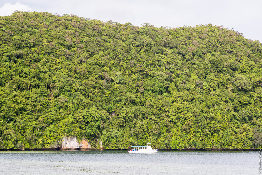 A boat with one of the Rock Islands in the background, Palau. Лодка на фоне одного из Скалистых островов, Палау. 