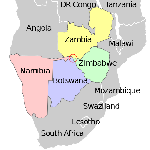 Казунгула, Африка. Единственное место в мире где соприкасаются 4 страны (Зимбабве—Ботсвана—Намибия—Замбия. Quadripoint of Botswana - Namibia - Zambia - Zimbabwe at Kazungula, Africa