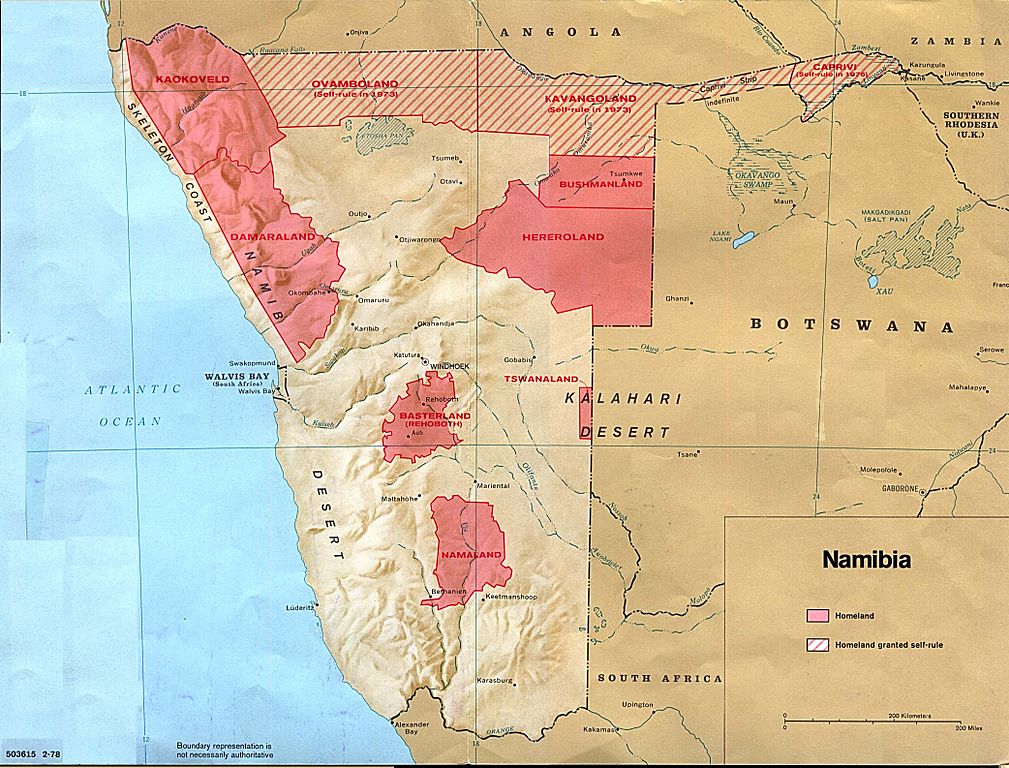 Map of the black homelands in Namibia as of 1978 from Wikipedia. Карта бантустанов Намибии в 1978