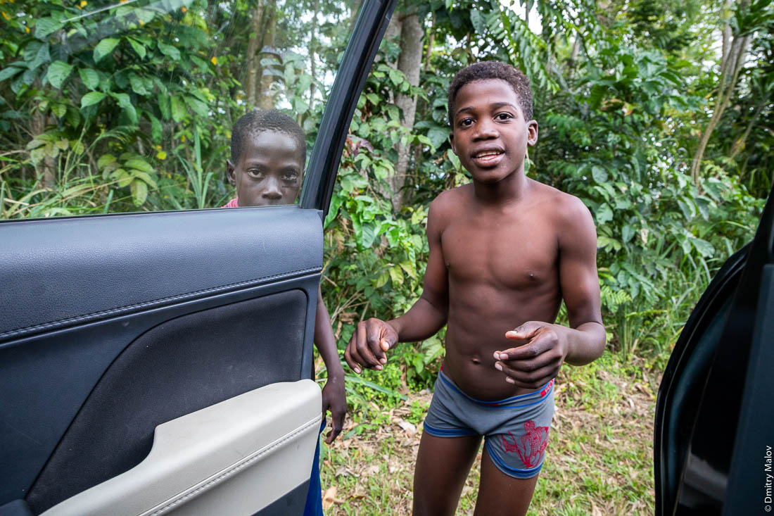 Дети окружают машину туристов, Сан-Томе и Принсипи, Африка