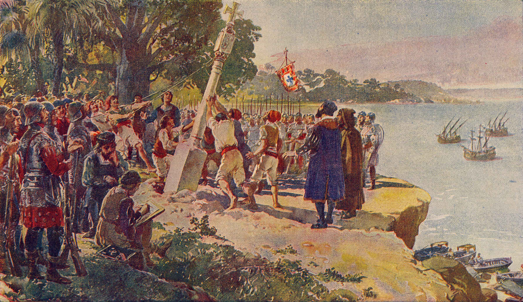 The erection of a padrão on the mouth of Zaire River, drawing by Alfredo Roque Gameiro